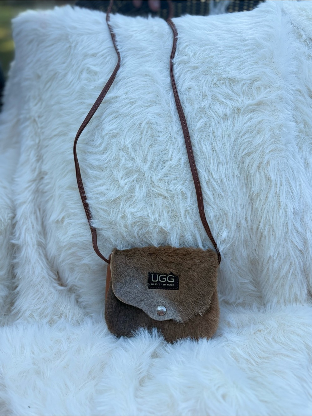 UGG Brown Fur Crossbody Mini Bag with Leather Strap